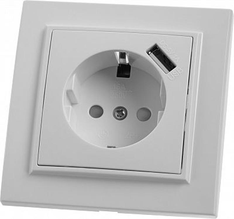 PST16-9011-01 Розетка 1-местная с/з, 250В, 16А, с USB 1А, серия Эрна, белый
