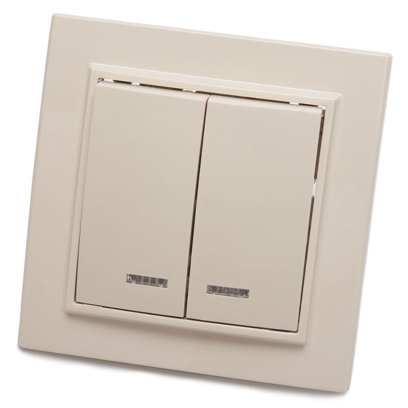 PSW10-9002-02 Выключатель 2-клавишный с индикатором, 250В, 10А, серия Эрна, слоновая кость