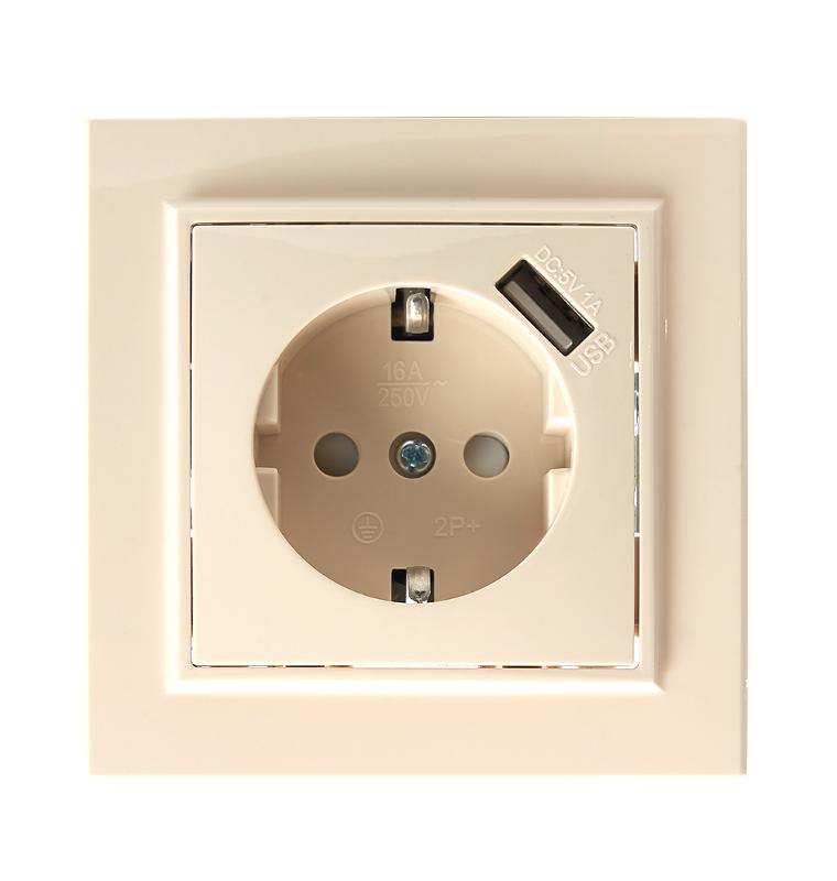 PST16-9011-02 Розетка 1-местная с/з, 250В, 16А, с USB 1А, серия Эрна, слоновая кость