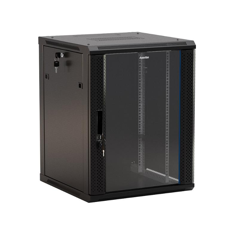 Шкаф наст.TWB-1245-GP-RAL9004 19-дюй. (19"), 12U, 650x600х450мм, стекл. дверь с перф.по бокам, ручка с замком,черн. (разоб.)