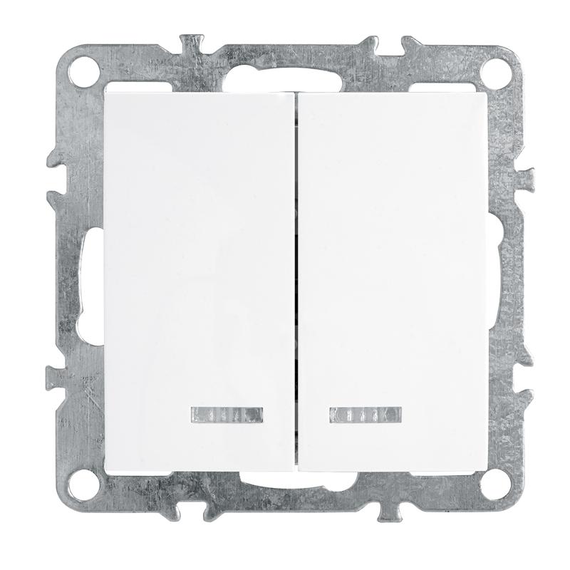 PSW10-9102-01 Выключатель 2-клавишный с индикатором (механизм), 250В, 10А, серия Эрна, белый