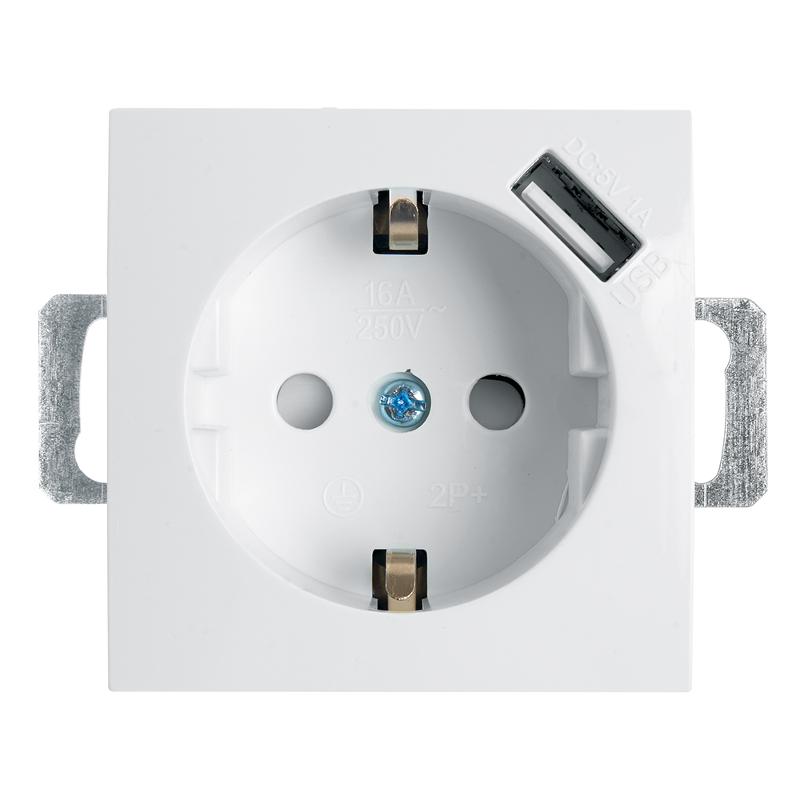 PST16-9111-01 Розетка 1-местная с/з (механизм), 250В, 16А, с USB 1А, серия Эрна, белый