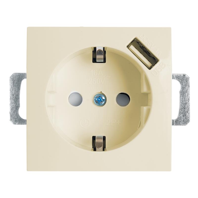 PST16-9111-02 Розетка 1-местная с/з (механизм), 250В, 16А, с USB 1А, серия Эрна, слоновая кость