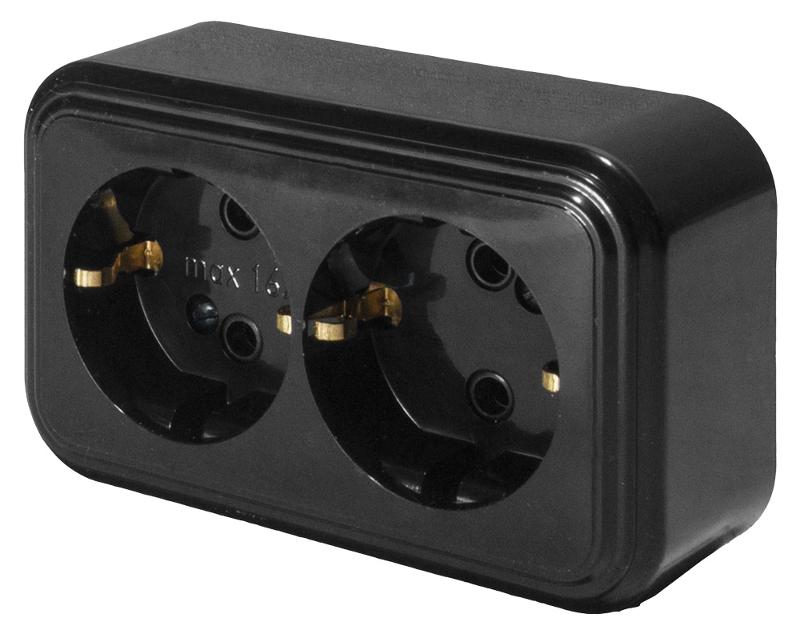 Розетка 2-местная с заземляющим контактом, 250В, 16А, IP20, PST16-31-20 (RA 16-238-Ч), черный