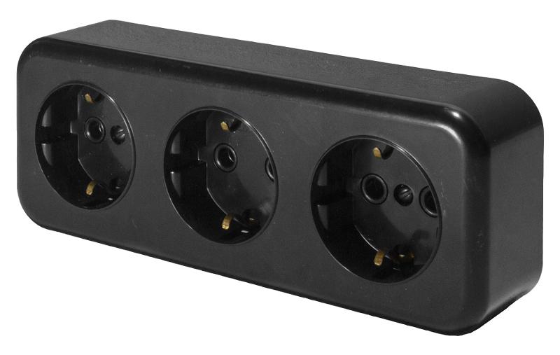 Розетка 3-местная с заземляющим контактом, 250В, 16А, IP20, PST16-51-20 (RA 16-343-Ч), черный