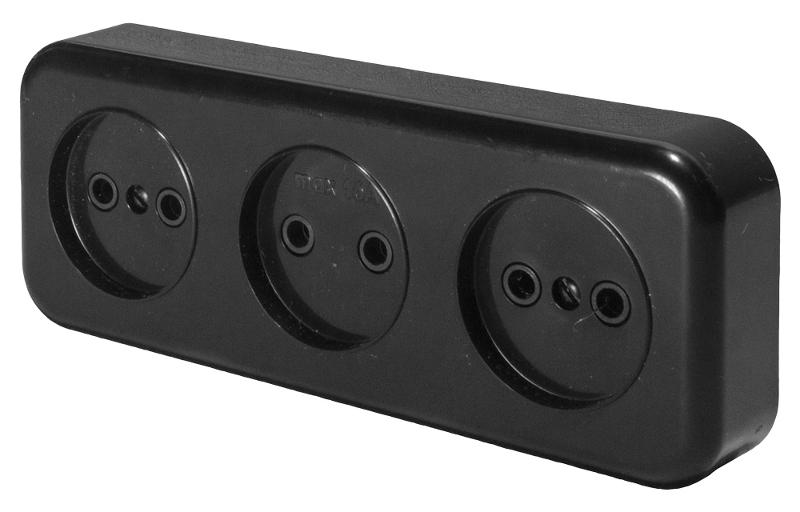 Розетка 3-местная без заземляющего контакта, 250В, 16А, IP20, PST16-50-20 (RA 16-344-Ч), черный