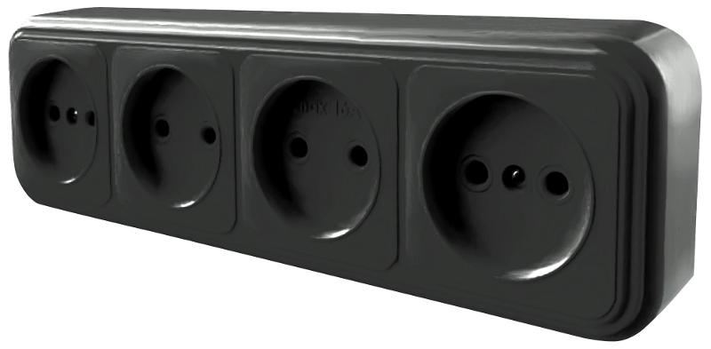 Розетка 4-местная без заземляющего контакта, 250В, 16А, IP20, PST16-60-20 (RA 16-464-Ч), черный