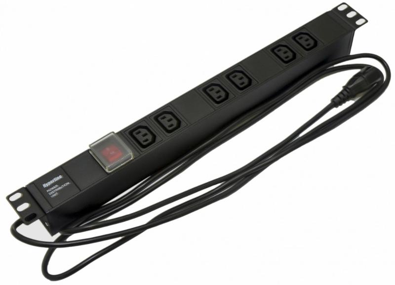 SHE19-6IEC-S-2.5IEC Блок розеток для 19" шкафов, горизонтальный, 6 розеток IEC320 C13, выключатель с подсветкой,482.6x44.4x44.4мм