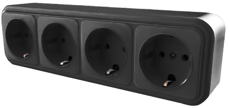 Розетка 4-местная с заземляющим контактом, 250В, 16А, IP20, PST16-61-20 (RA 16-466-Ч), черный