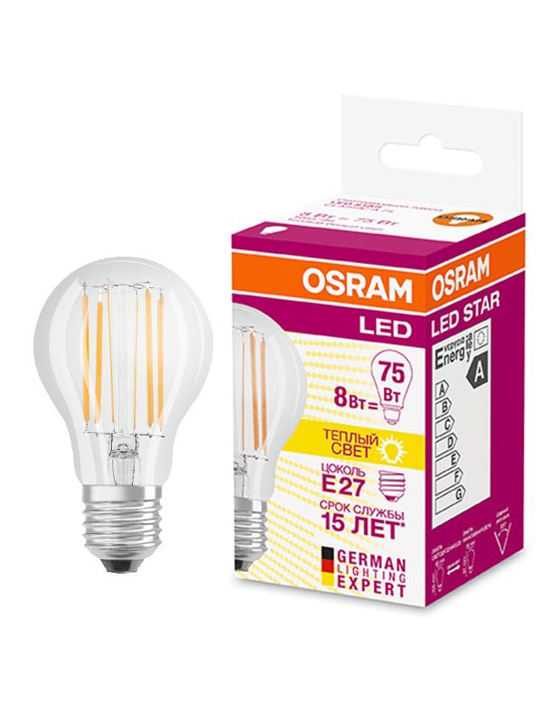 Лампа светодиодная филаментная LED STAR Classic A 8W, прозрачная колба, Е27 LEDSCLA75 8W/827 230V FIL E27 FS1