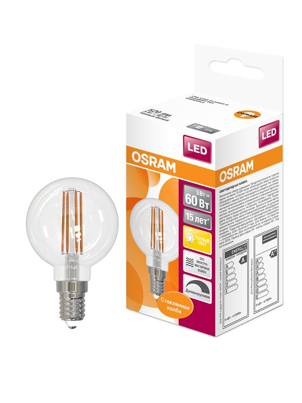 Лампа светодиодная филаментная LED STAR Classic P 5W, прозрачная колба, Е14 LSCLP60D 5W/827 230V FIL E14 10X1RU