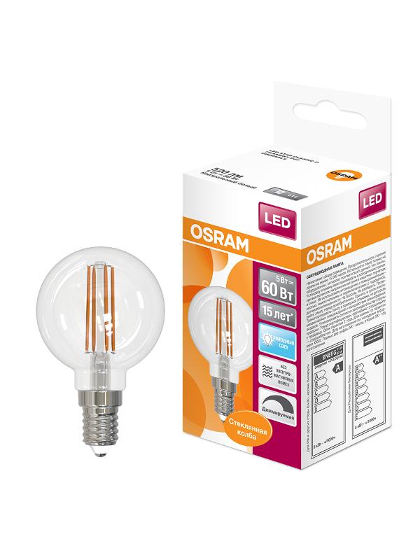 Лампа светодиодная филаментная LED STAR Classic P 5W, прозрачная колба, Е14 LSCLP60D 5W/840 230V FIL E14 10X1RU