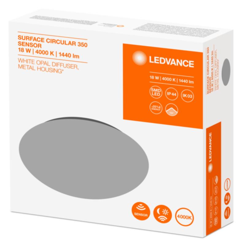 Светильник светодиодный ДПО-18Вт 4000K 1440Лм IP44 белый 350мм с датчиком LEDVANCE