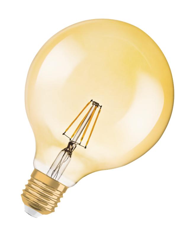 Лампа светодиодная LED, золотистая, Vintage 1906 LED CL GLOBE125 FIL GOLD 55 non-dim 7W/825 E27