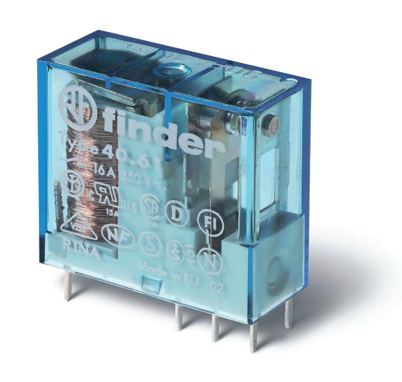 Миниатюрное универсальное электромеханическое реле; монтаж на печатную плату или в розетку; выводы с шагом 5мм; 1NO 16A