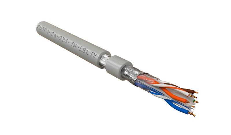 Hyperline FUTP4-C6-S23-IN-LSLTX-GY-305 (305 м) Кабель витая пара F/UTP, категория 6, 4 пары (23 AWG), одножильный (solid), экран - фольга, нг(А)-LSLTx