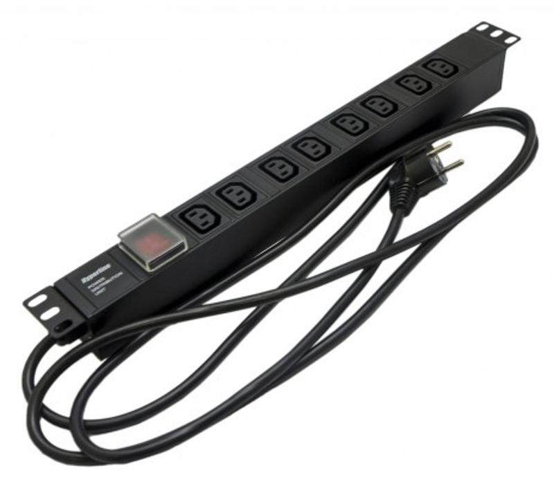 SHE19-8IEC-S-2.5EU Блок розеток для 19" шкафов, горизонтальный, 8 розеток IEC320 C13, выключатель с подсветкой, 482.6x44.4x44.4мм