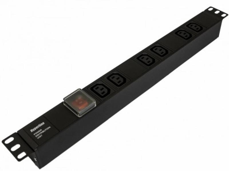 SHE19-6IEC-S-IEC Блок розеток для 19" шкафов, горизонтальный, 6 розеток IEC320 C13, выключатель с подсветкой,  482.6x44.4x44.4мм