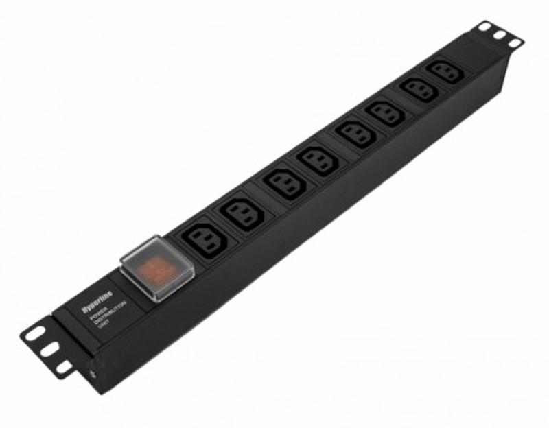 SHE19-8IEC-S-IEC Блок розеток для 19" шкафов, горизонтальный, 8 розеток IEC320 C13, выключатель с подсветкой, 482.6x44.4x44.4мм
