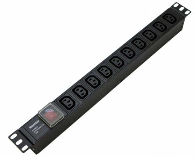 SHE19-10IEC-S-IEC Блок розеток для 19" шкафов, горизонтальный, 10 розеток IEC320 C13, выключатель с подсветкой,  482.6x44.4x44.4мм