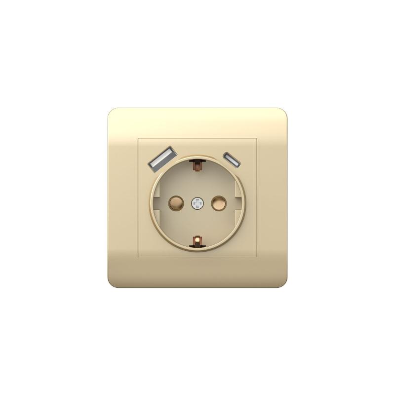 Розетка с/з со шторками, 16А+ USB двойная A+С, 5В/2,1А, шампань(NEW3-E)