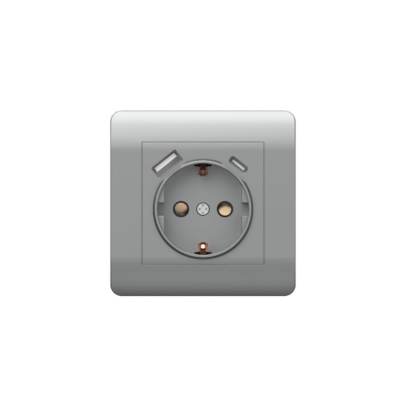 Розетка с/з со шторками, 16А+ USB двойная A+С, 5В/2,1А, серебряный(NEW3-E)