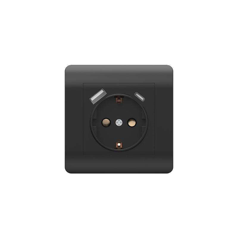 Розетка с/з со шторками, 16А+ USB двойная A+С, 5В/2,1А, черный(NEW3-E)