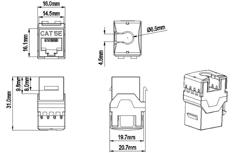 KJ8-8P8C-C5e-180-RD Вставка Keystone Jack RJ-45(8P8C), категория 5e, тип 180 градусов, красная