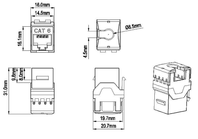 KJ8-8P8C-C6-180-RD Вставка Keystone Jack RJ-45(8P8C), категория 6, тип 180 градусов, красная