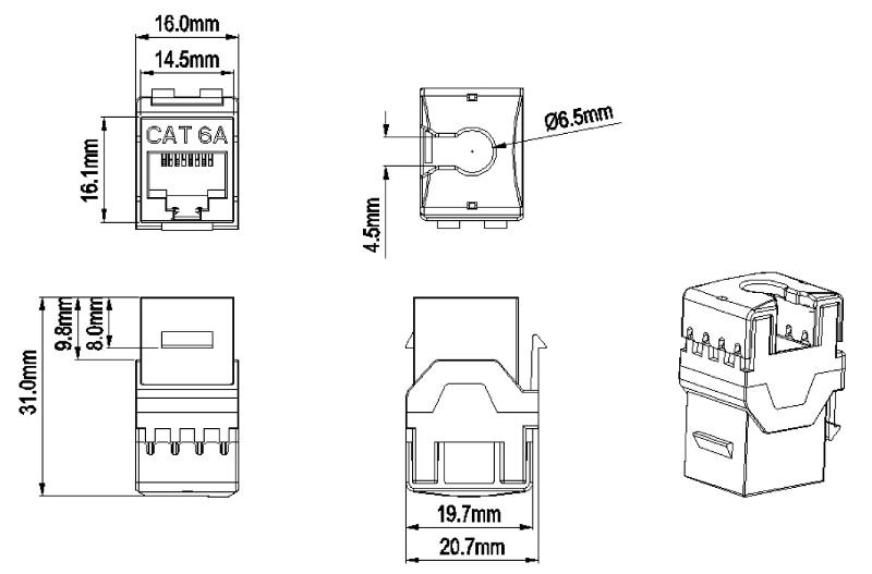 KJ8-8P8C-C6A-180-GN Вставка Keystone Jack RJ-45(8P8C), категория 6a (10G), тип 180 градусов, зеленая