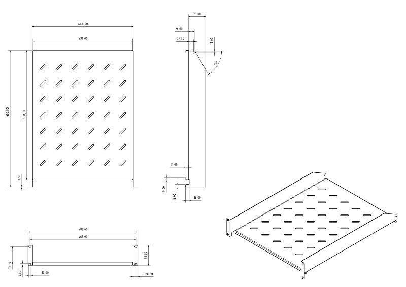 TAL3-2U-600-RAL7035 Полка угловая с перфорацией 19", 2U, ширина 440 мм, глубина 600 мм, цвет серый (RAL 7035)