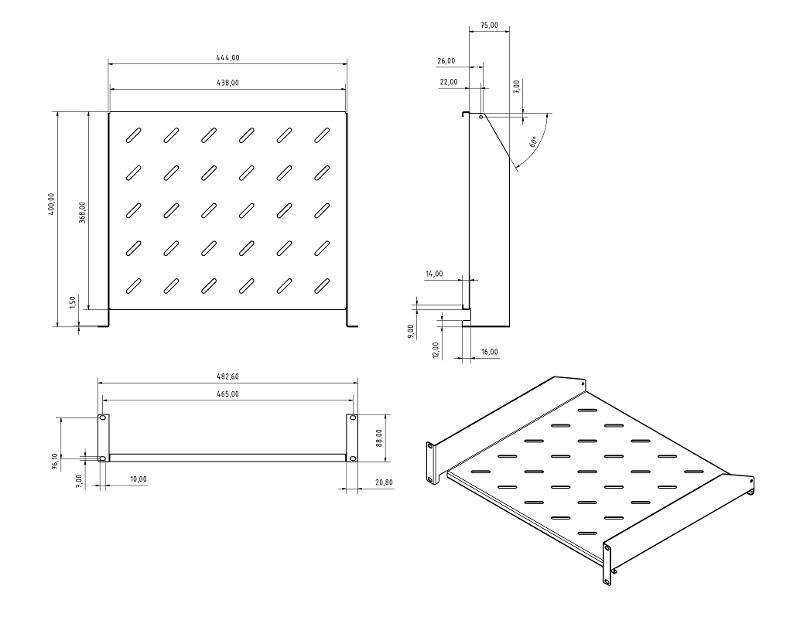 TAL3-2U-400-RAL7035 Полка угловая с перфорацией 19", 2U, ширина 440 мм, глубина 400 мм, цвет серый (RAL 7035)