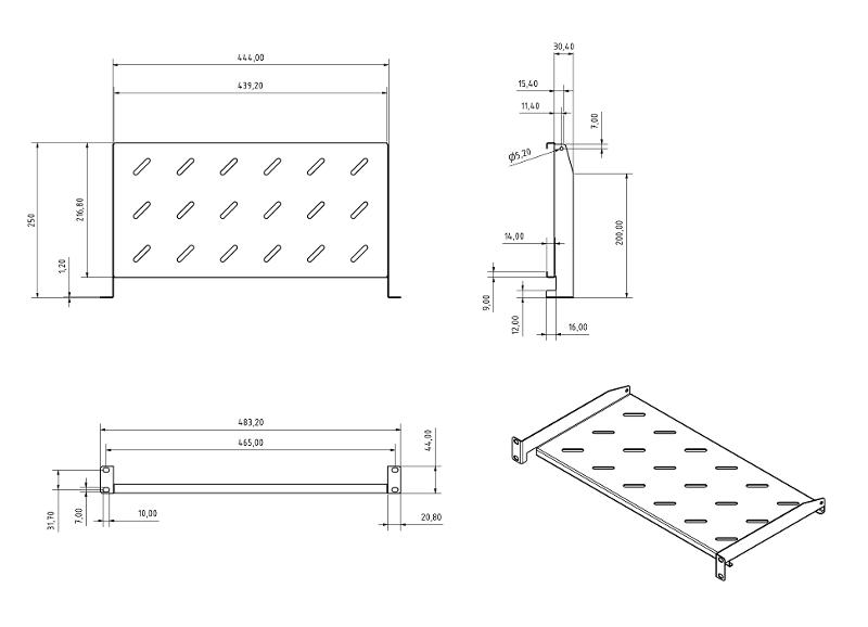 TAL3-1U-250-RAL7035 Полка угловая с перфорацией 19", 1U, ширина 440 мм, глубина 250 мм, цвет серый (RAL 7035)