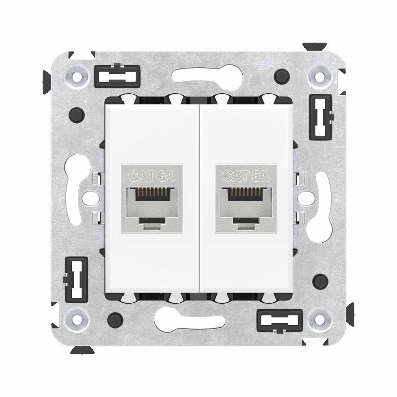 Компьютерная розетка RJ-45 без шторки в стену, кат.6А двойная экранированная, "Avanti", "Белое облако"