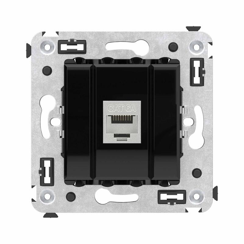 Компьютерная розетка RJ-45 без шторки в стену, кат.6А одинарная экранированная, "Avanti", "Черный квадрат"
