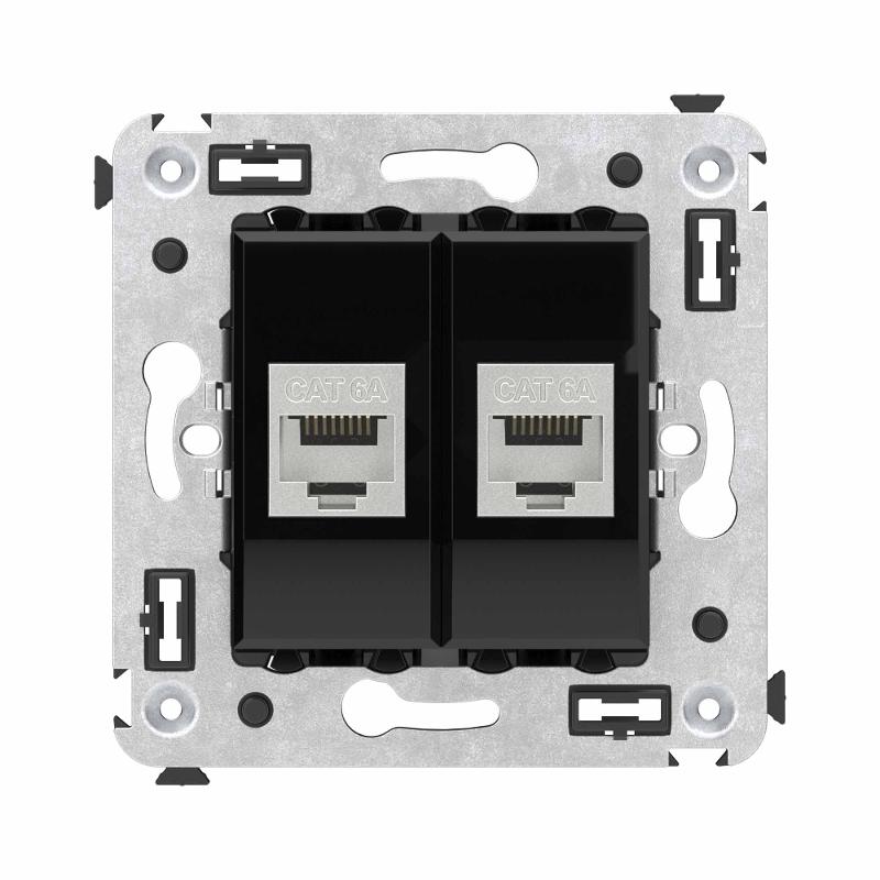 Компьютерная розетка RJ-45 без шторки в стену, кат.6А двойная экранированная, "Avanti", "Черный квадрат"
