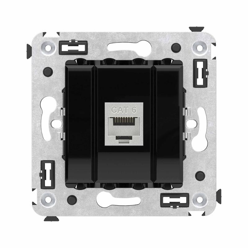 Компьютерная розетка RJ-45 без шторки в стену, кат.6 одинарная экранированная, "Avanti", "Черный квадрат"