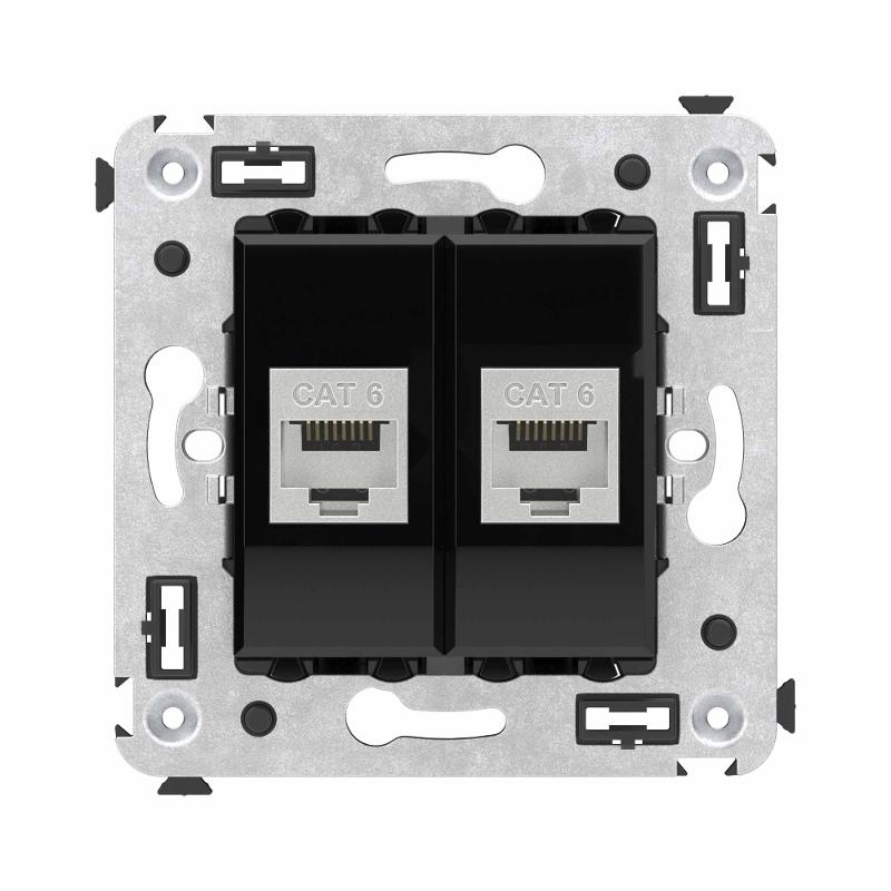 Компьютерная розетка RJ-45 без шторки в стену, кат.6 двойная экранированная, "Avanti", "Черный квадрат"