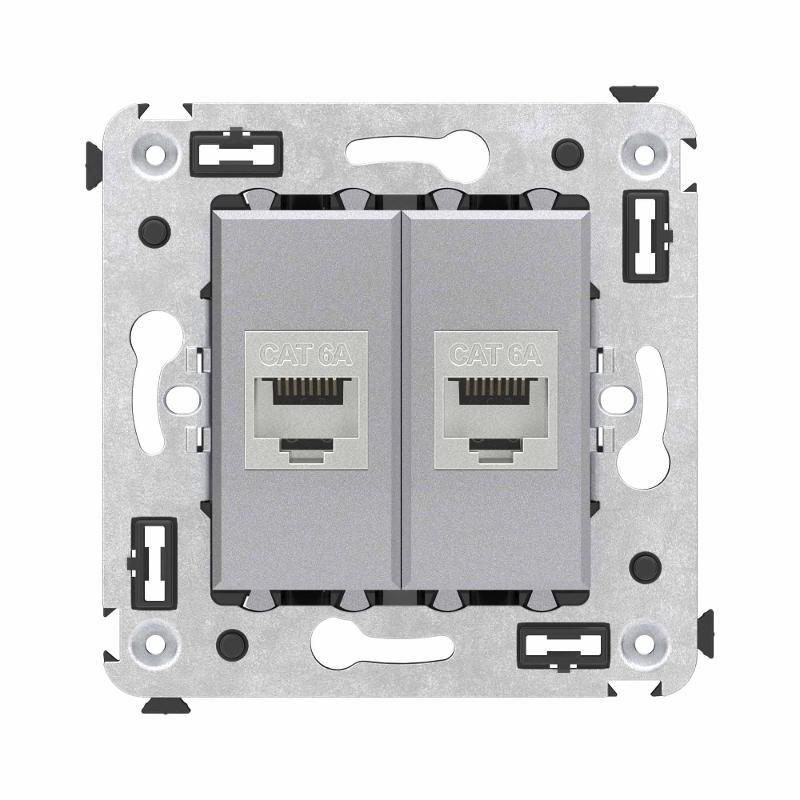 Компьютерная розетка RJ-45 без шторки в стену, кат.6А двойная экранированная, "Avanti", "Закаленная сталь"