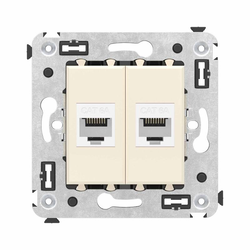 Компьютерная розетка RJ-45 без шторки в стену, кат.6А двойная, "Avanti", "Ванильная дымка"