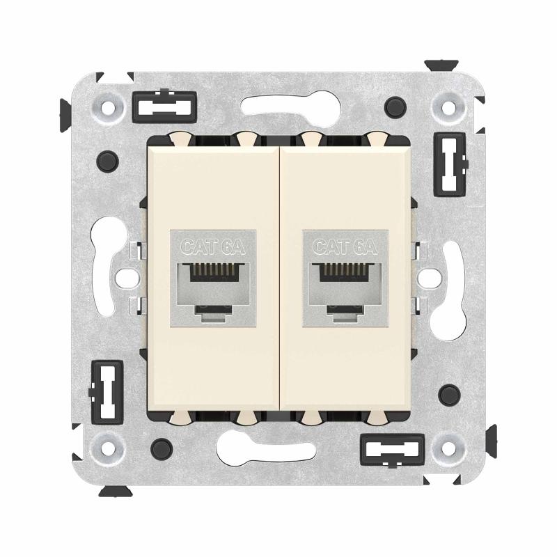 Компьютерная розетка RJ-45 без шторки в стену, кат.6А двойная экранированная, "Avanti", "Ванильная дымка"