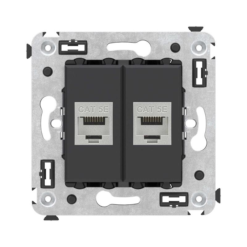 Компьютерная розетка RJ-45 без шторки в стену, кат.5e двойная экранированная, "Avanti", "Черный матовый"