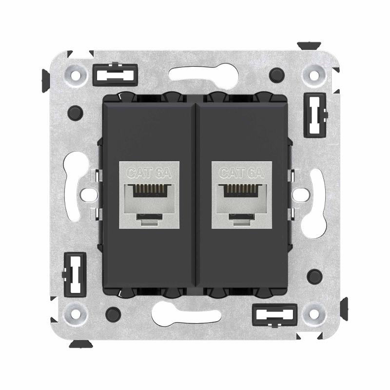 Компьютерная розетка RJ-45 без шторки в стену, кат.6А двойная экранированная, "Avanti", "Черный матовый"