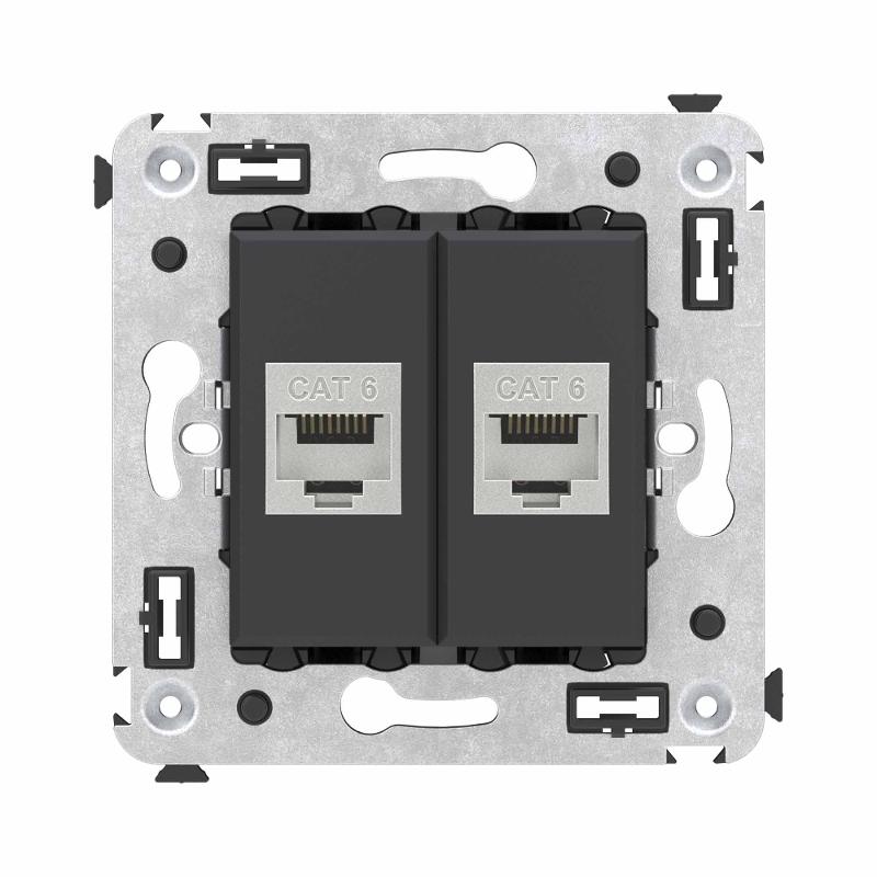 Компьютерная розетка RJ-45 без шторки в стену, кат.6 двойная экранированная, "Avanti", "Черный матовый"