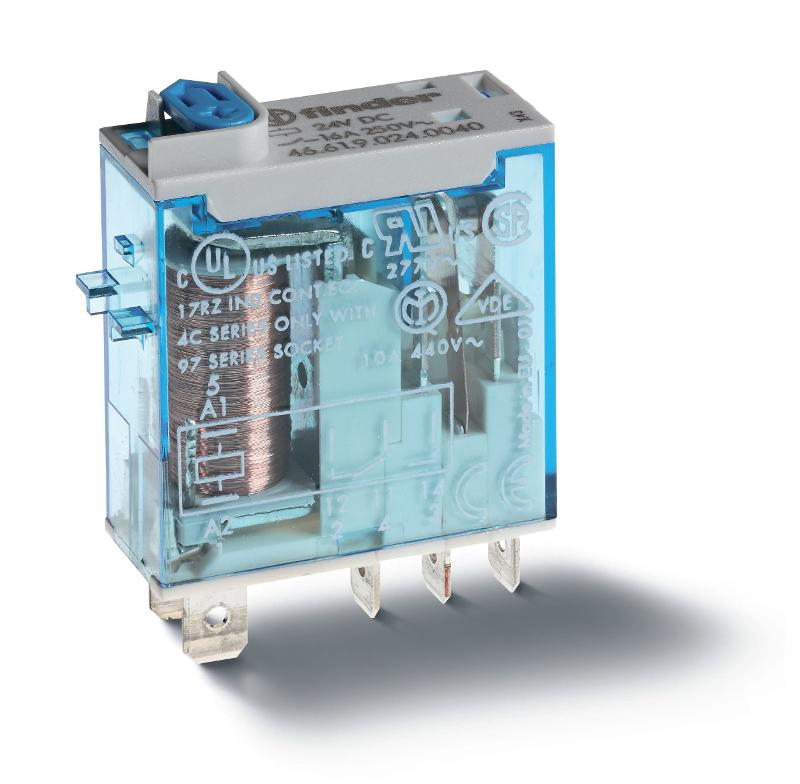Миниатюрное промышленное электромеханическое реле; монтаж в розетку или наконечники Faston (4.8х0.5мм); 1СO 16A