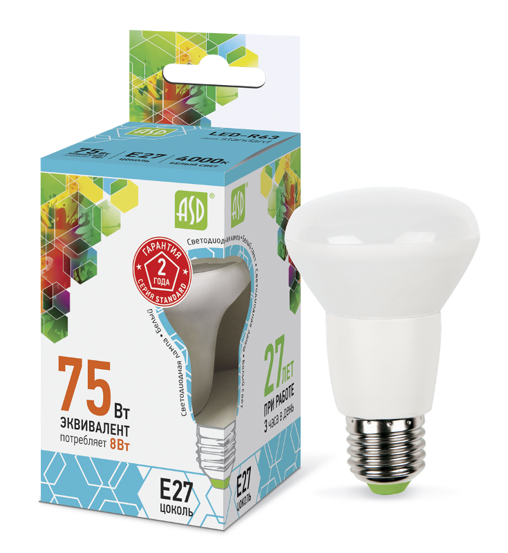 Лампа светодиодная LED-R63-standard 8Вт 230В Е27 4000К 720Лм