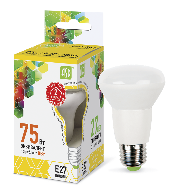 Лампа светодиодная LED-R63-standard 8Вт 230В Е27 3000К 720Лм