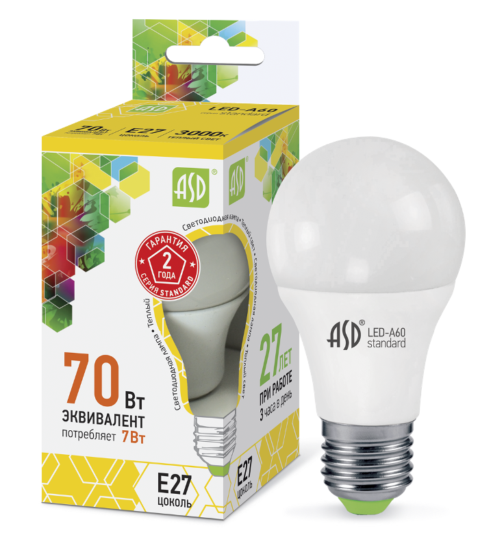 Лампа светодиодная LED-A60-standard 7Вт 230В Е27 3000К 630Лм