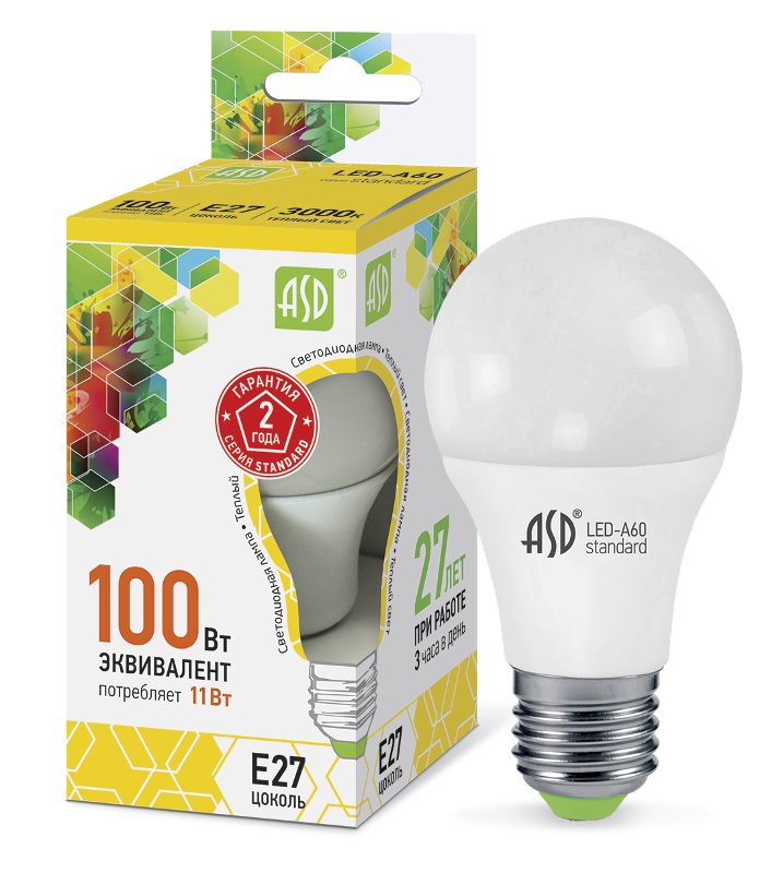 Лампа светодиодная LED-A60-standard 11Вт 230В Е27 3000К 990Лм