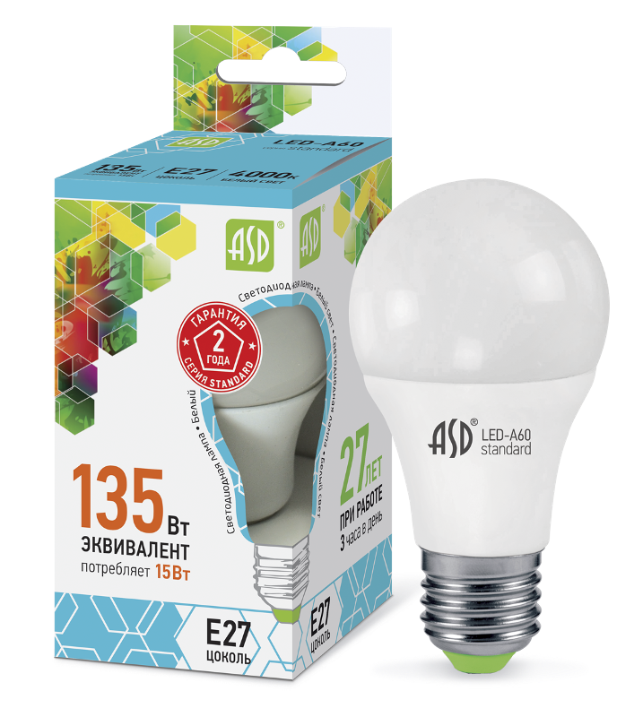 Лампа светодиодная LED-A60-standard 15Вт 230В Е27 4000К 1350Лм